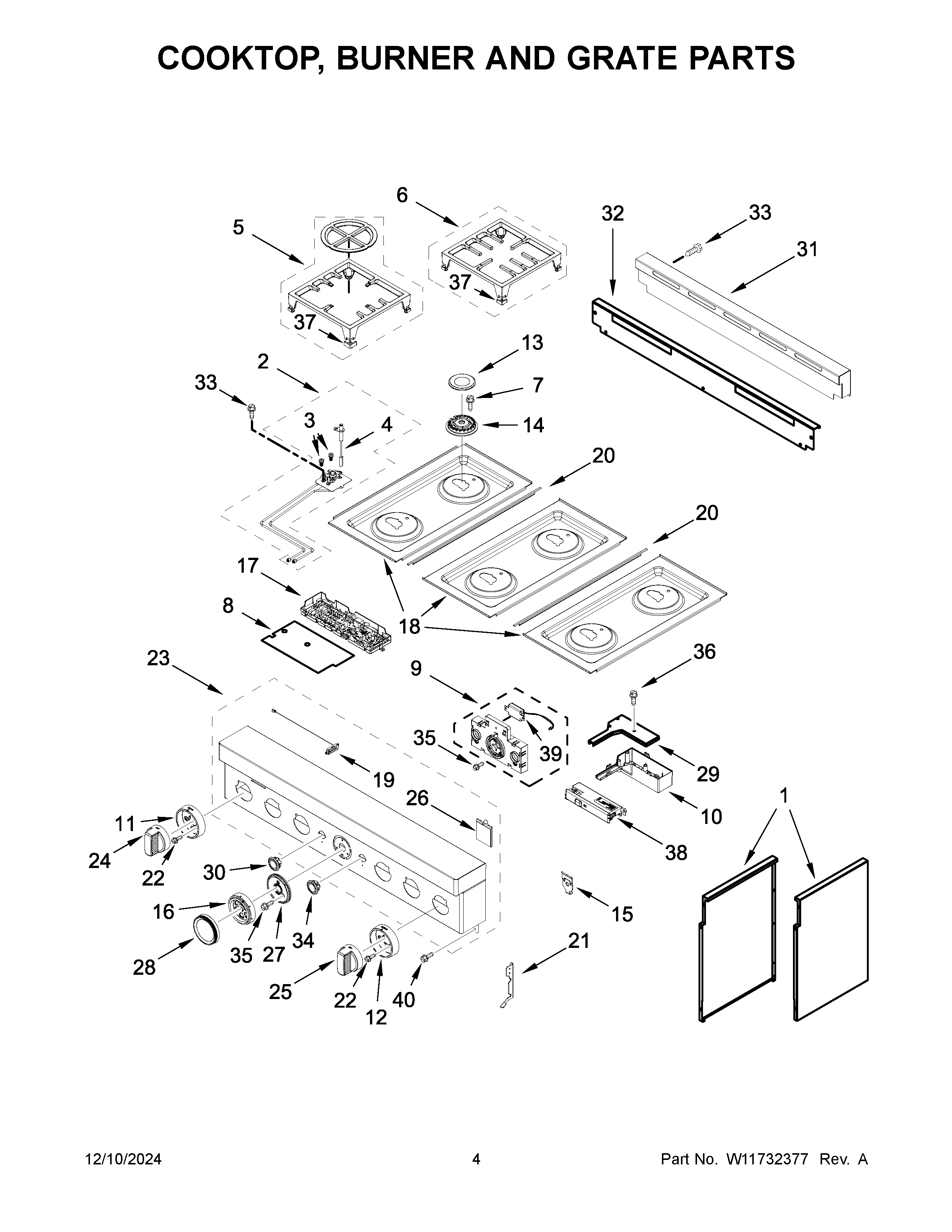 Cooktop, burner and grate parts