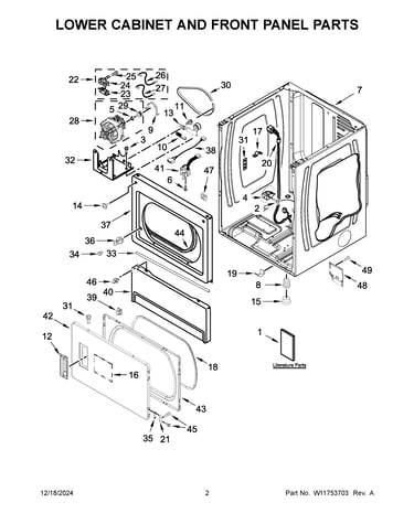 Lower cabinet and front panel parts