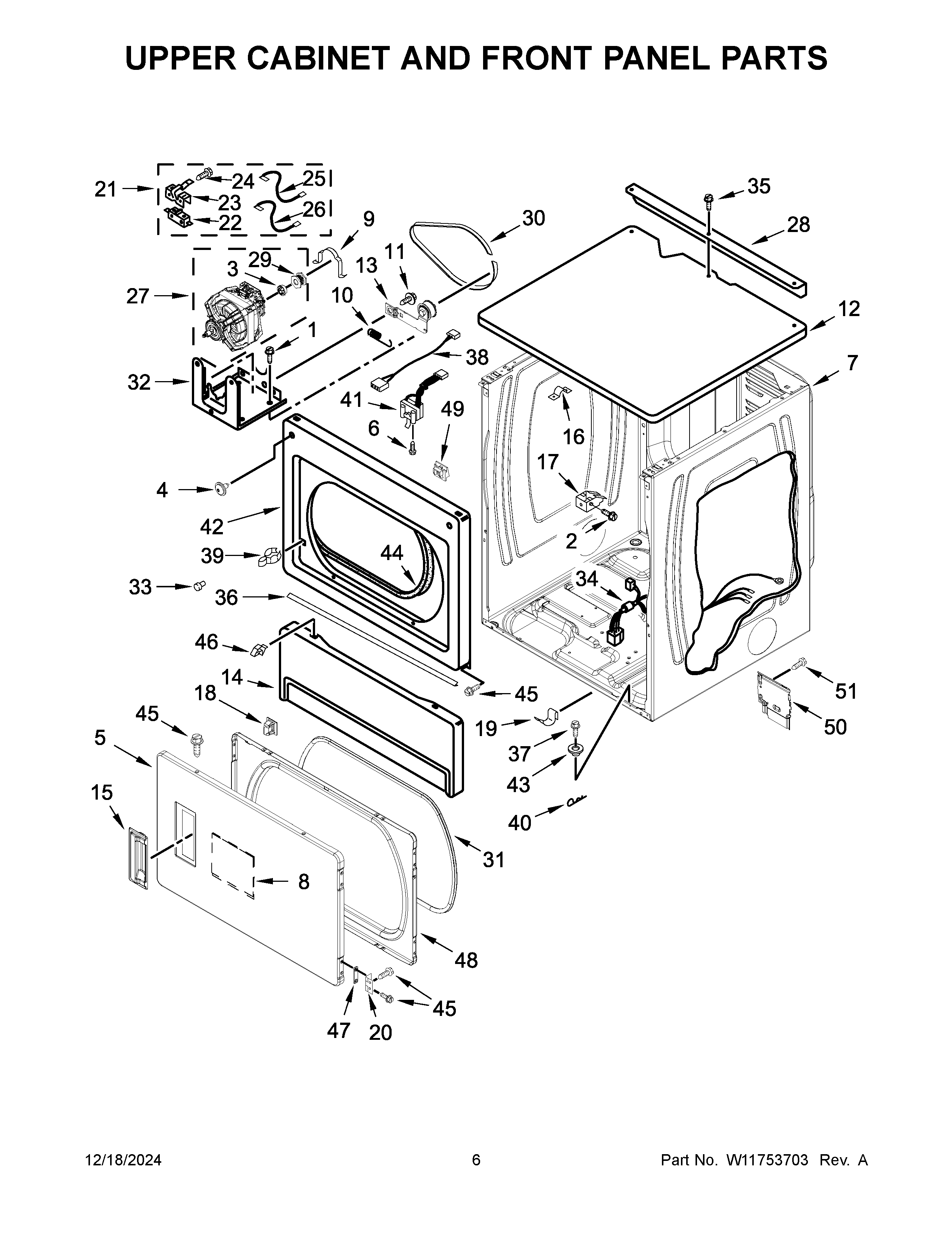 Upper cabinet and front panel parts