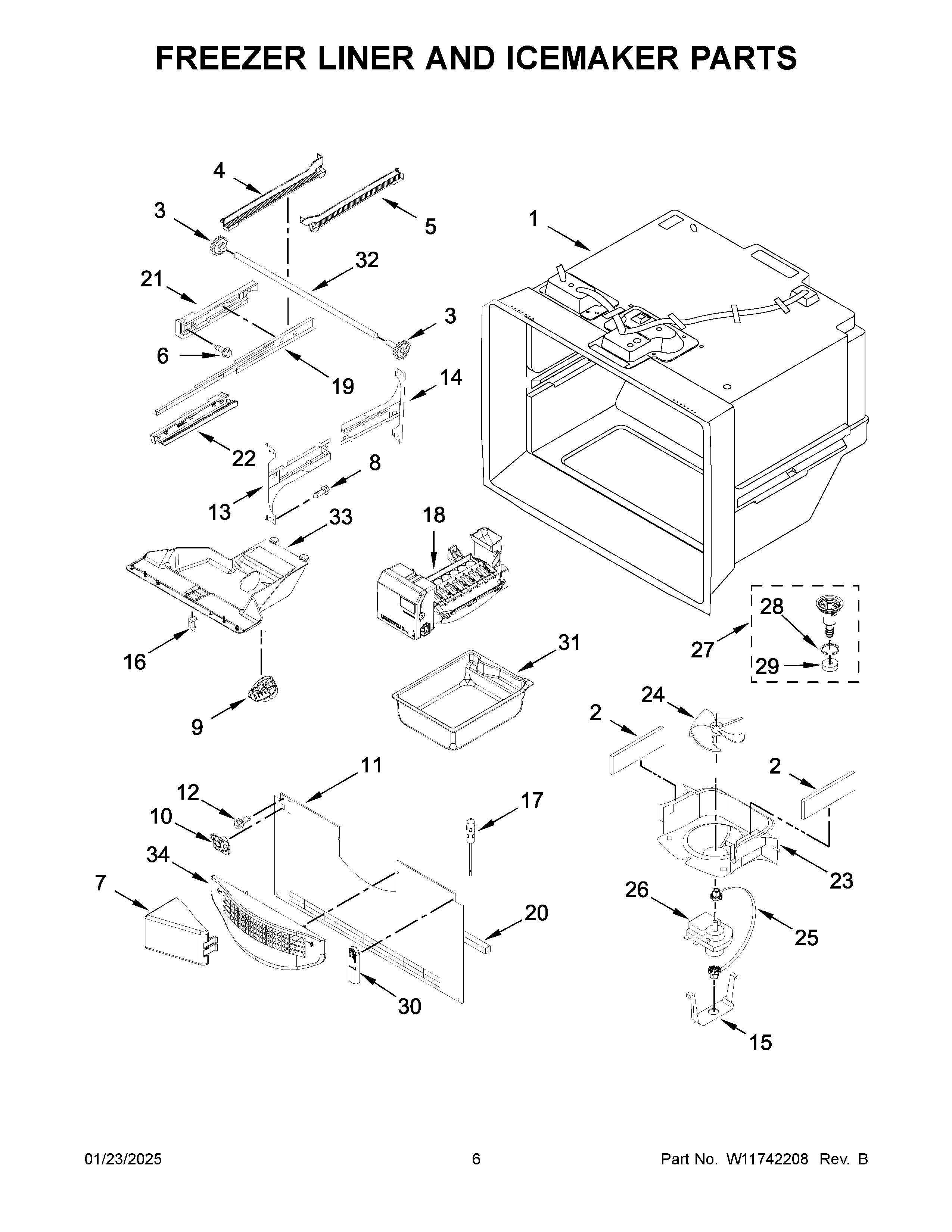 Freezer liner and icemaker parts
