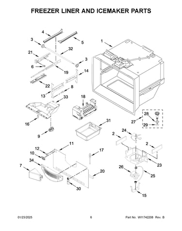 Freezer liner and icemaker parts