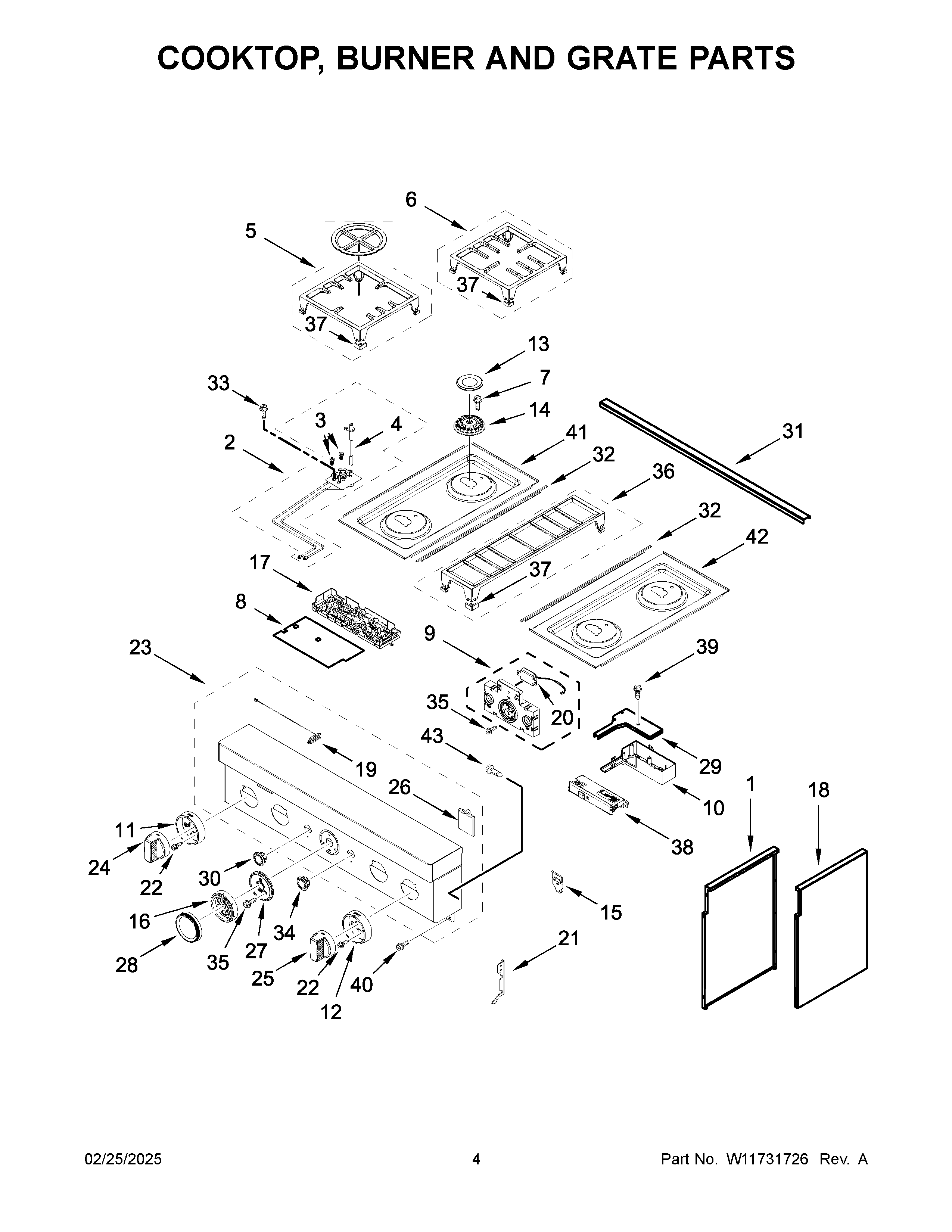 Cooktop, burner and grate parts