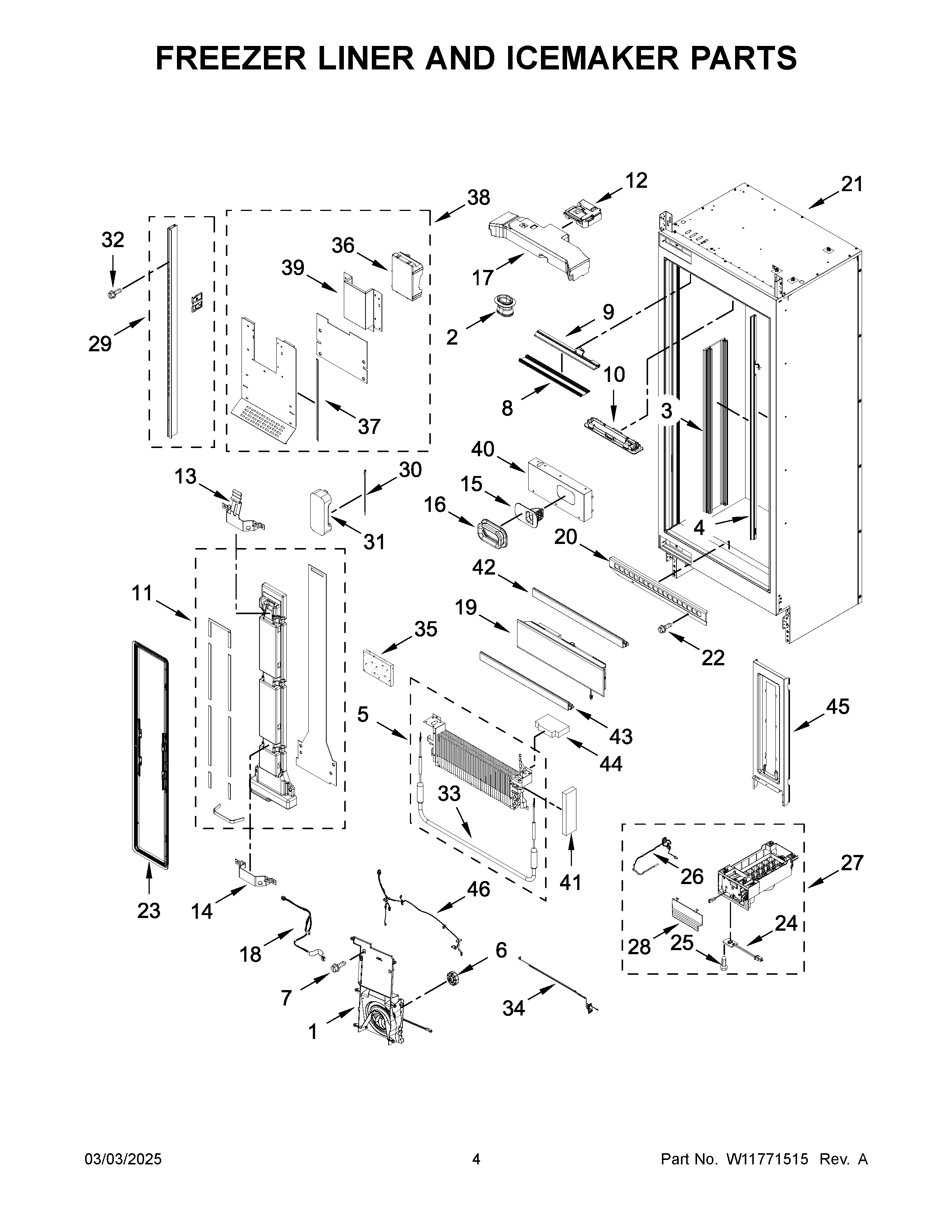 Freezer liner and icemaker parts