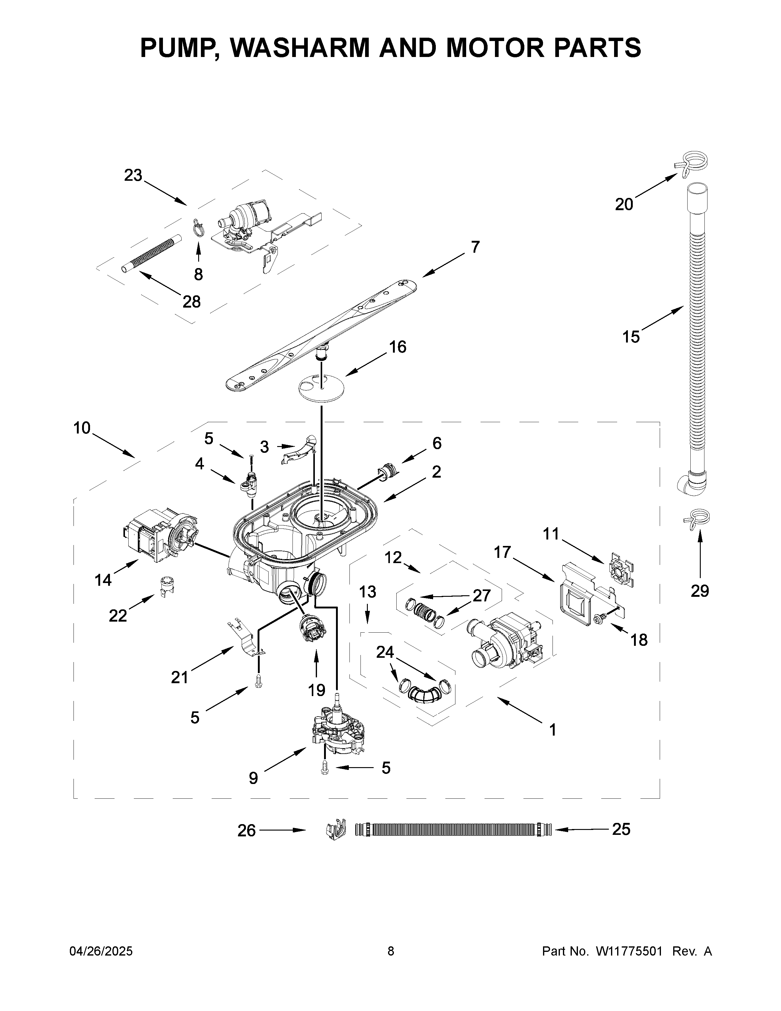 Pump, washarm and motor parts