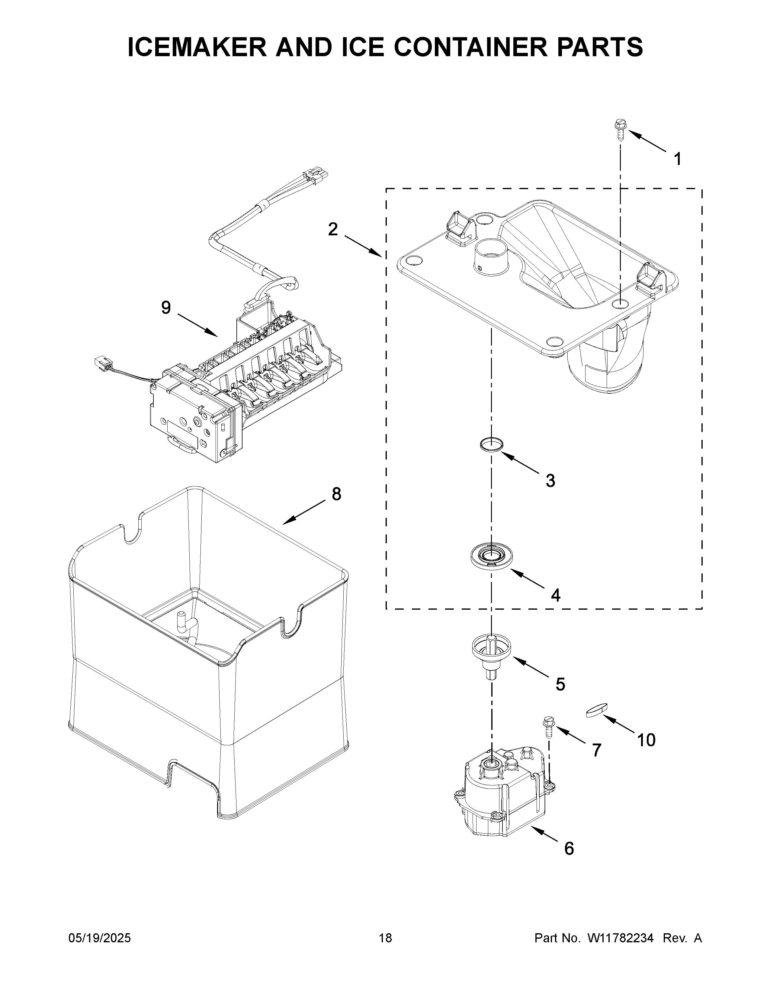 Icemaker and ice container parts