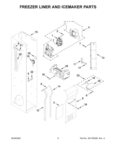 Freezer liner and icemaker parts