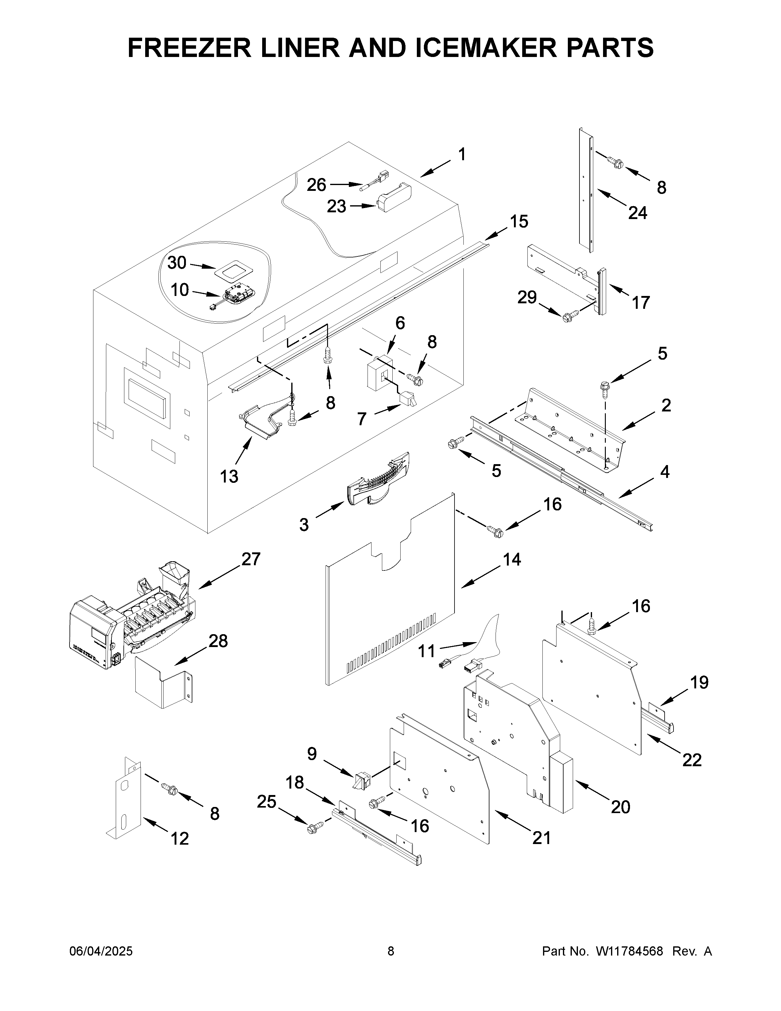 Freezer liner and icemaker parts