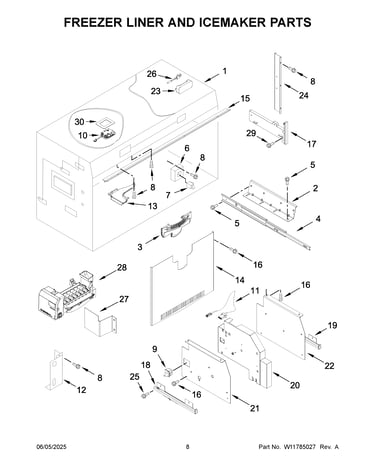 Freezer liner and icemaker parts