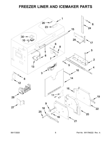 Freezer liner and icemaker parts