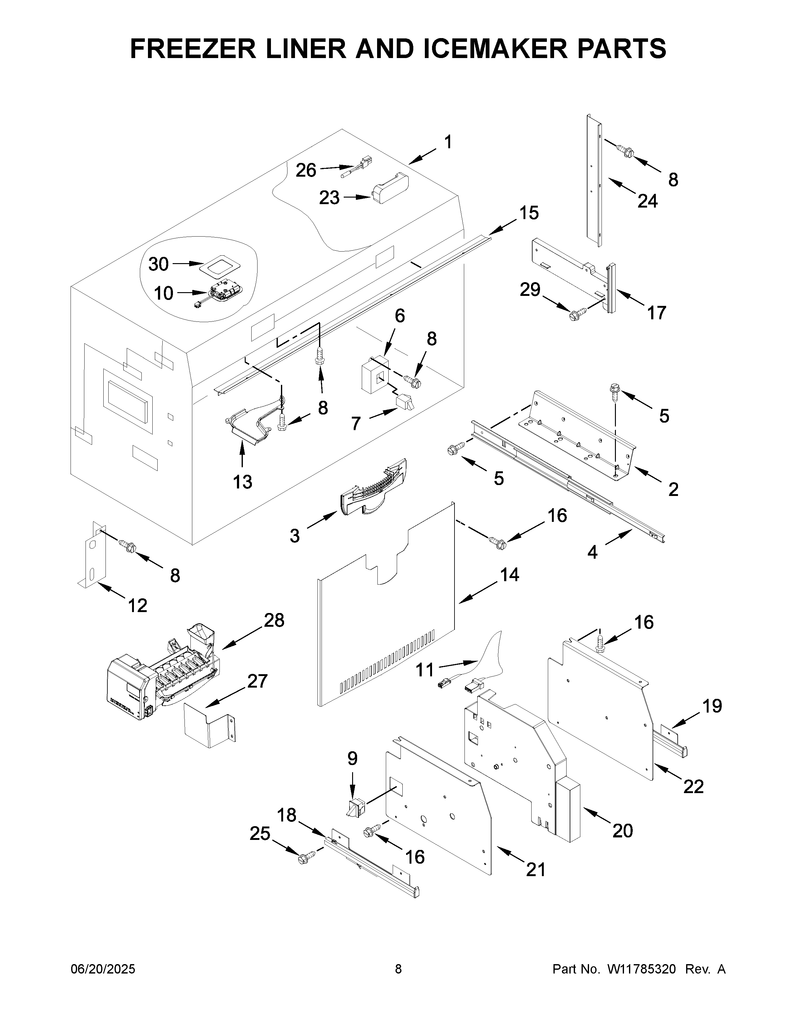 Freezer liner and icemaker parts