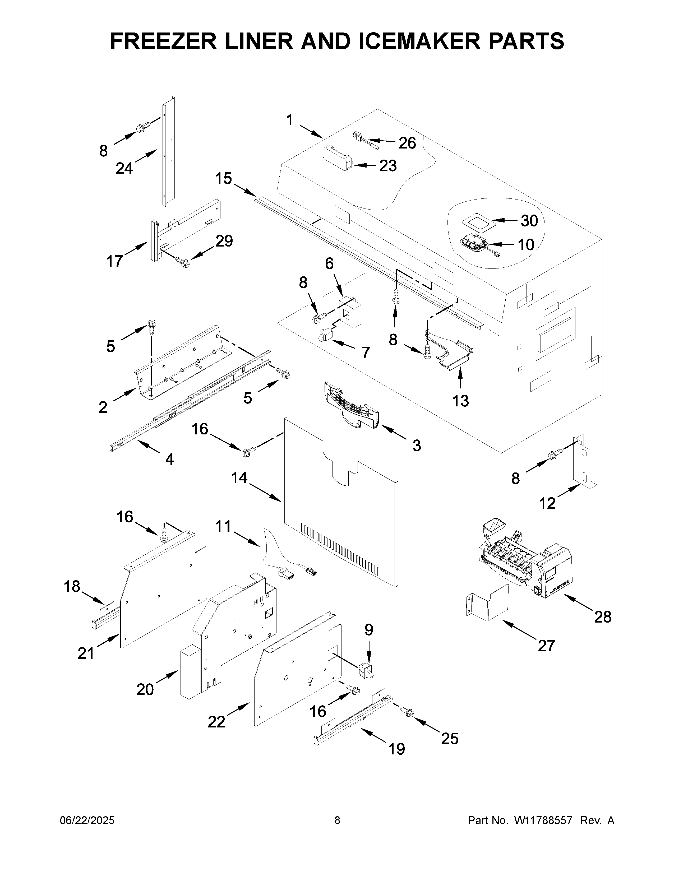 Freezer liner and icemaker parts