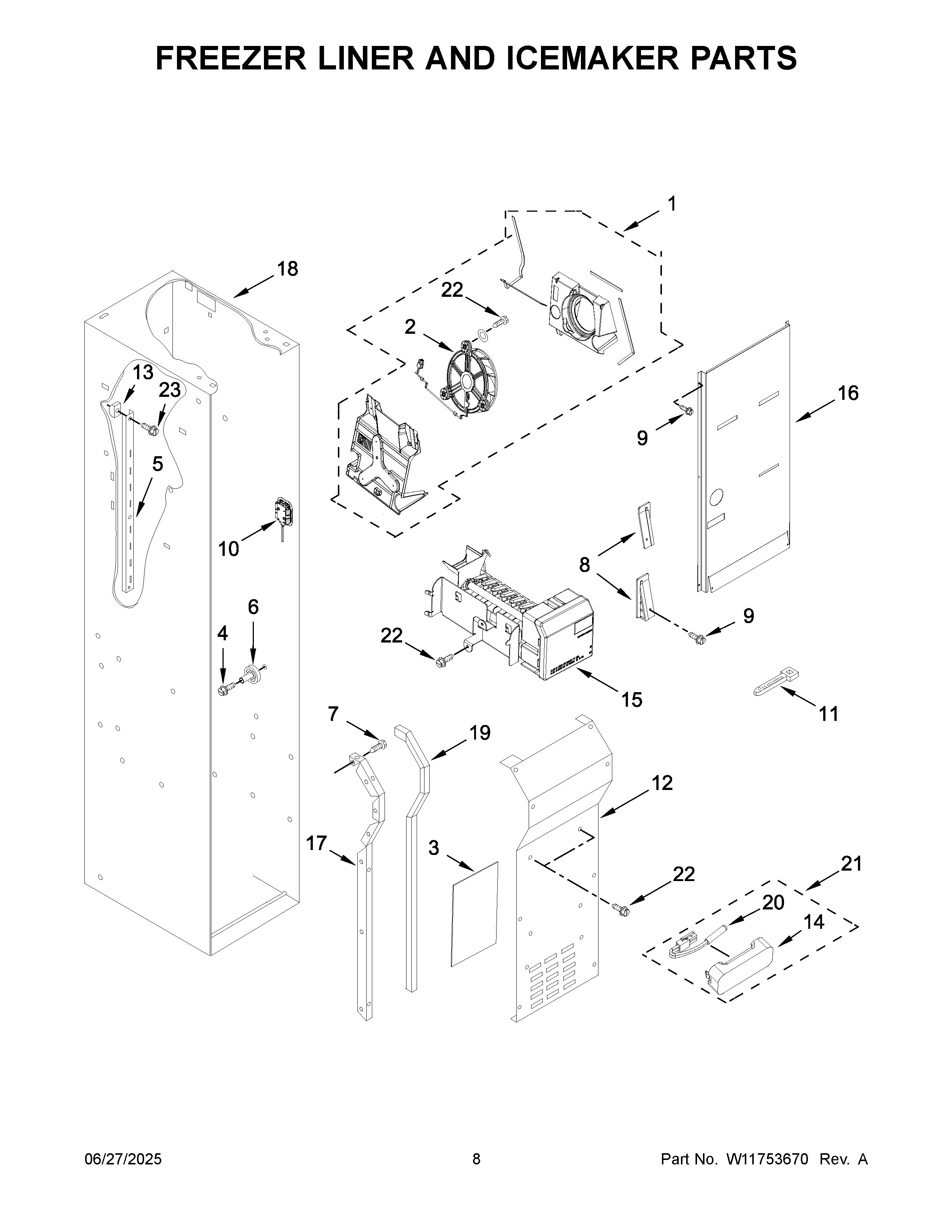 Freezer liner and icemaker parts