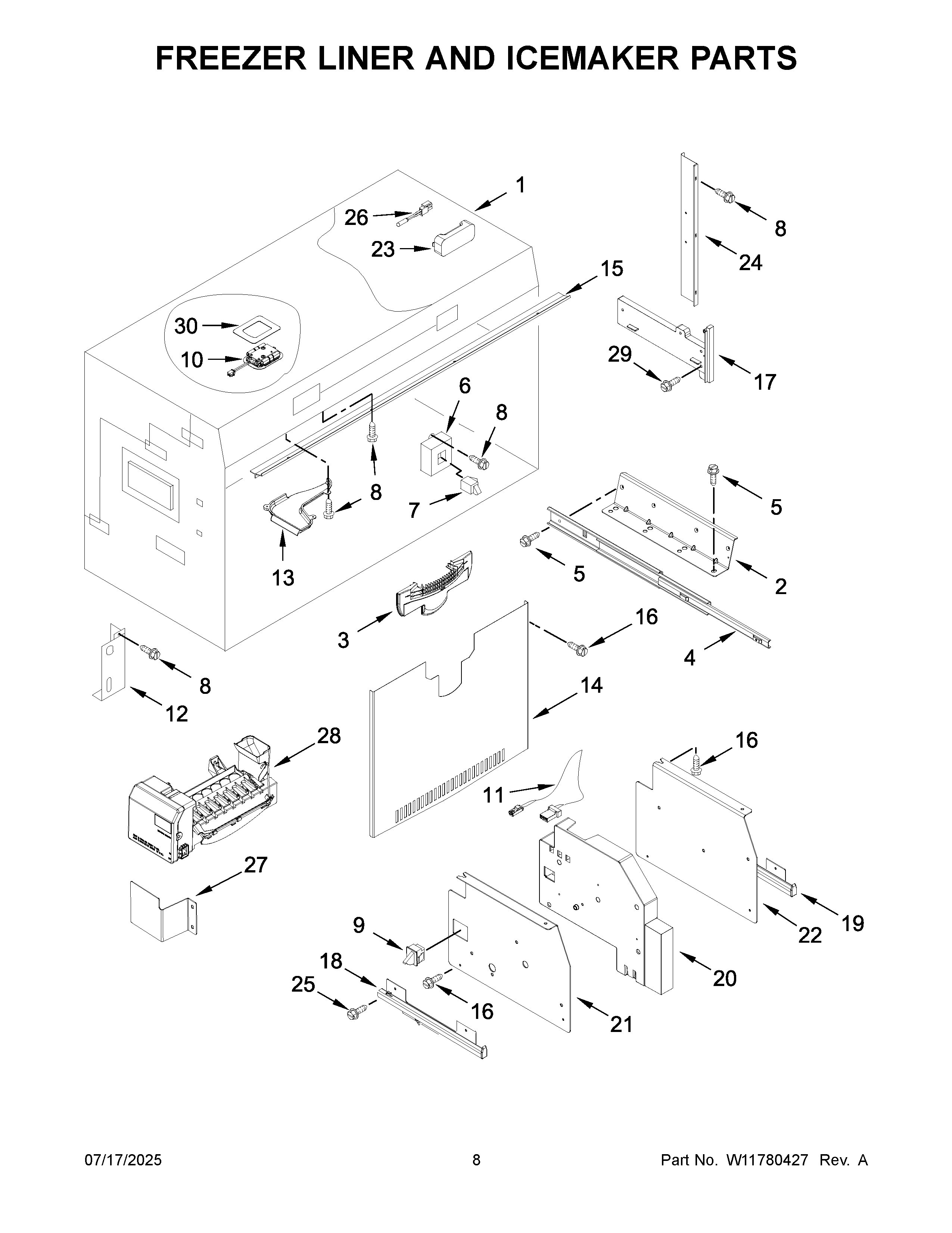 Freezer liner and icemaker parts