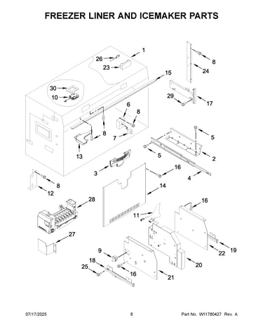 Freezer liner and icemaker parts