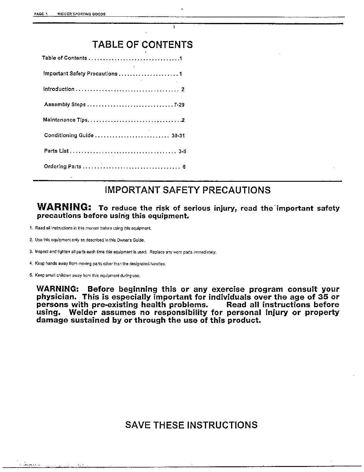 TABLE OF CONTENTS/PRECAUTIONS