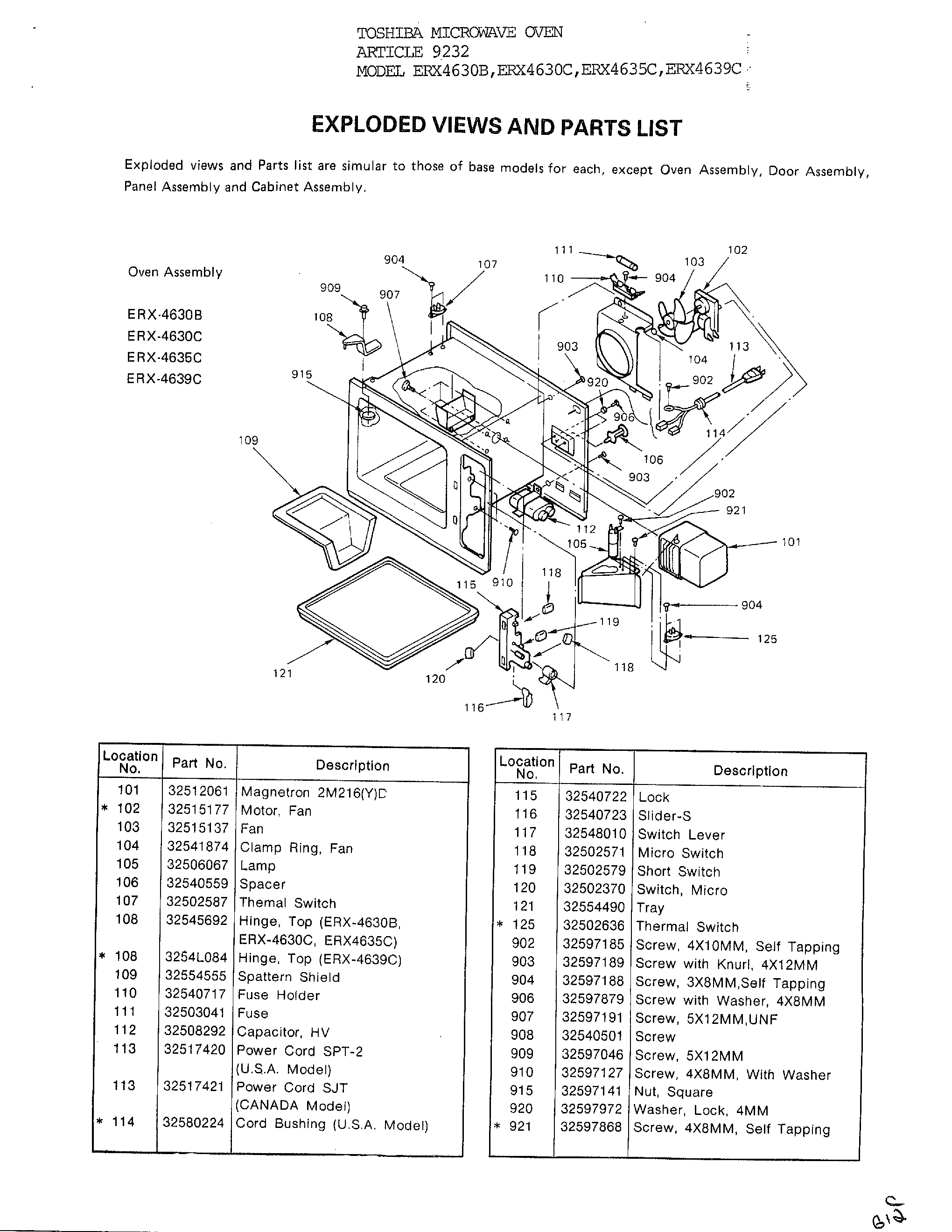 TOSHIBA MICROWAVE/EXPLODED VIEWS AND PARTS LIST