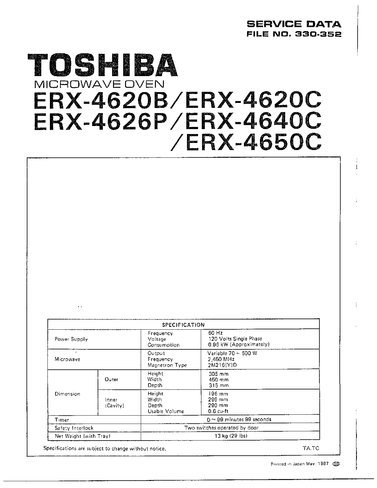 MICROWAVE OVEN/SPECIFICATION