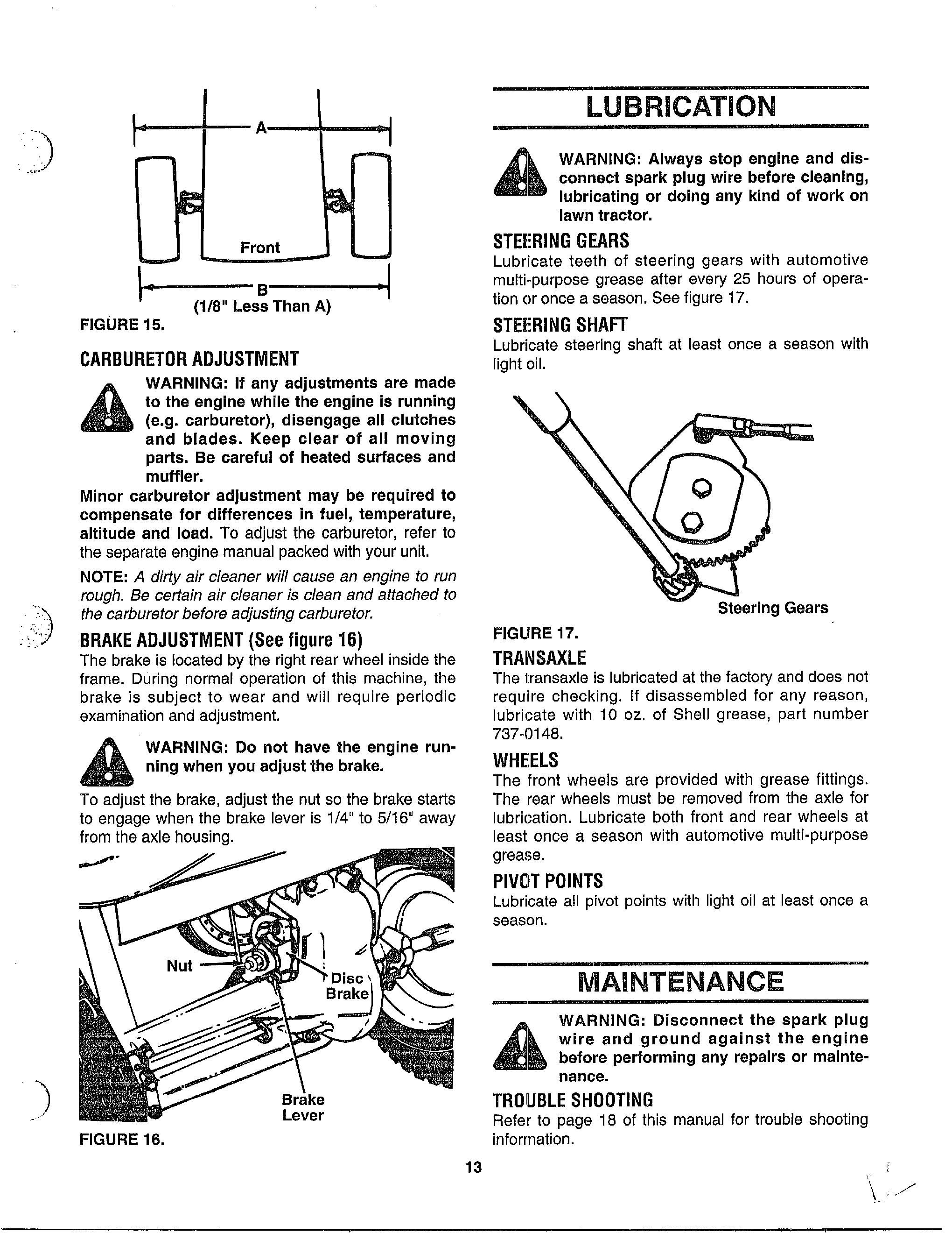 Adjustments/lubrication/maintenance