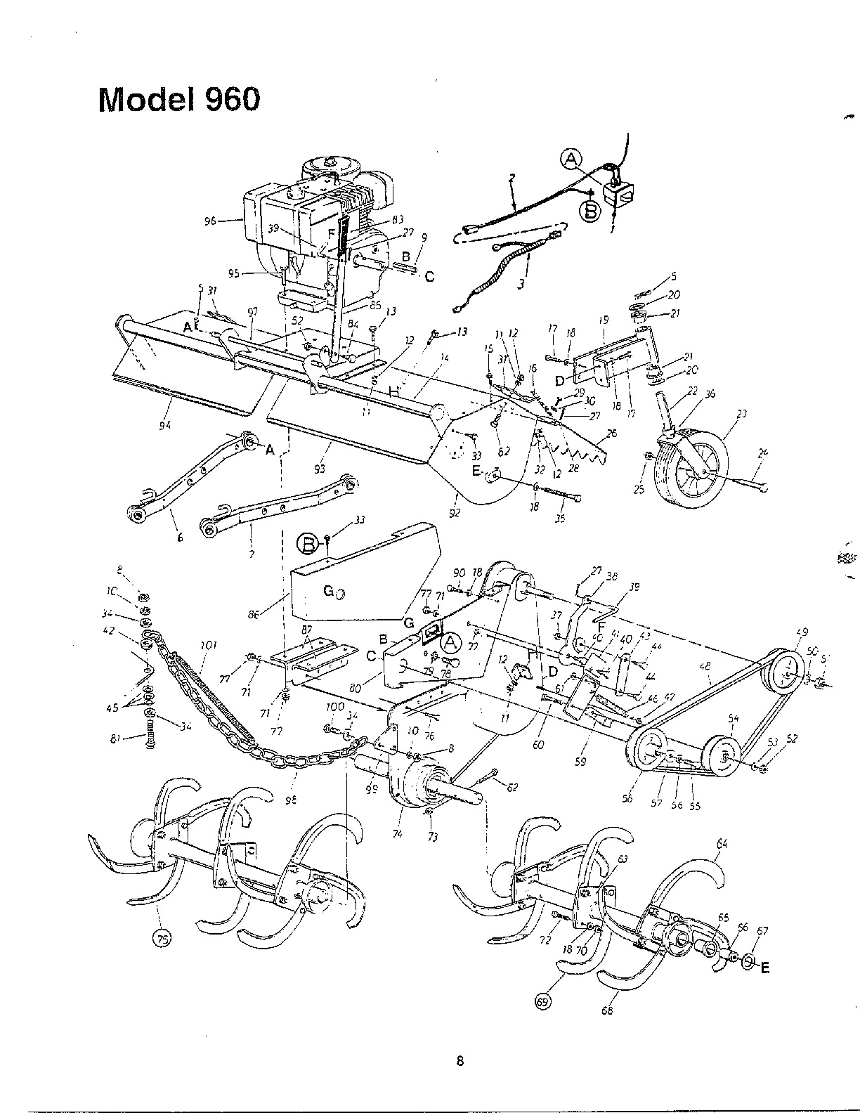 Tiller/belt/chain/tine