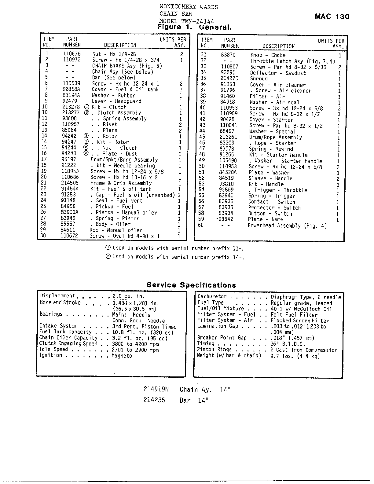 Chain saw/service specs page 2