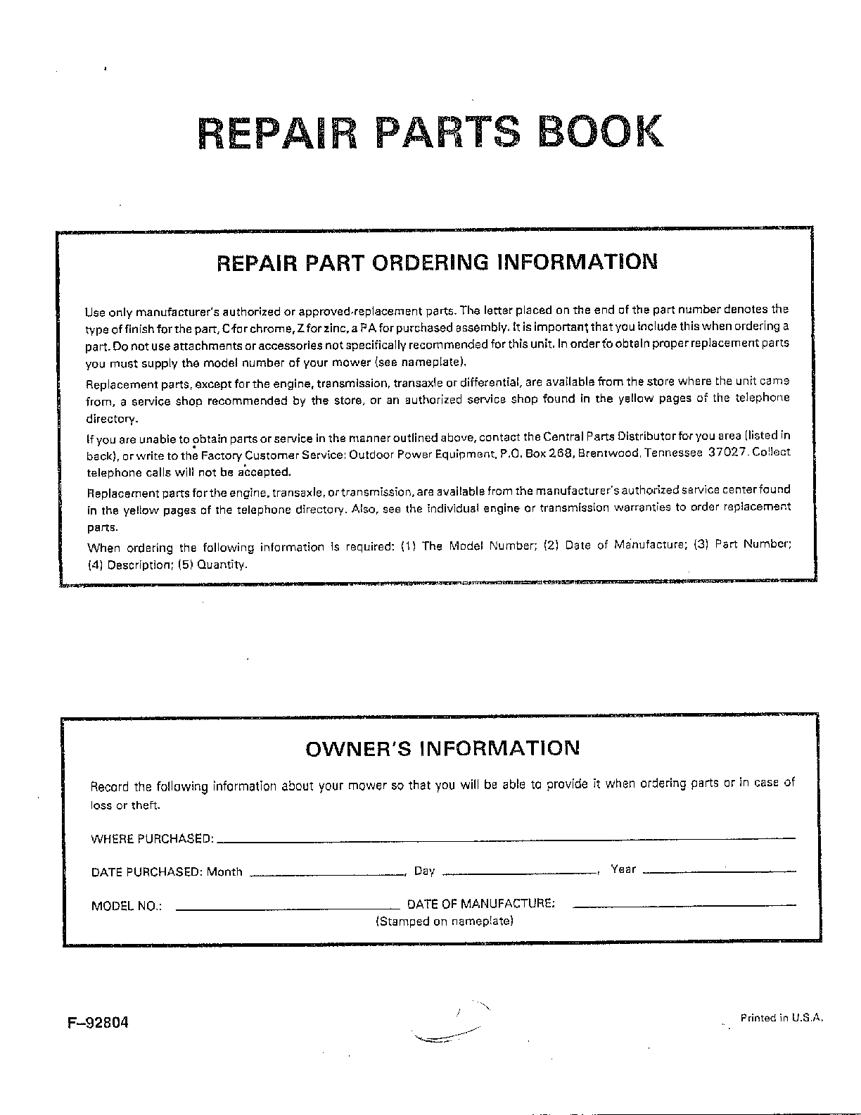 REPAIR PARTS BOOK