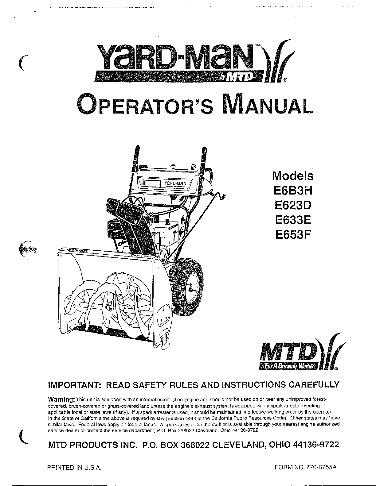 OPERATOR'S MANUAL COVER