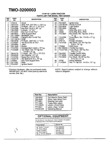 14hp 42" tractor/optional equipment page 2