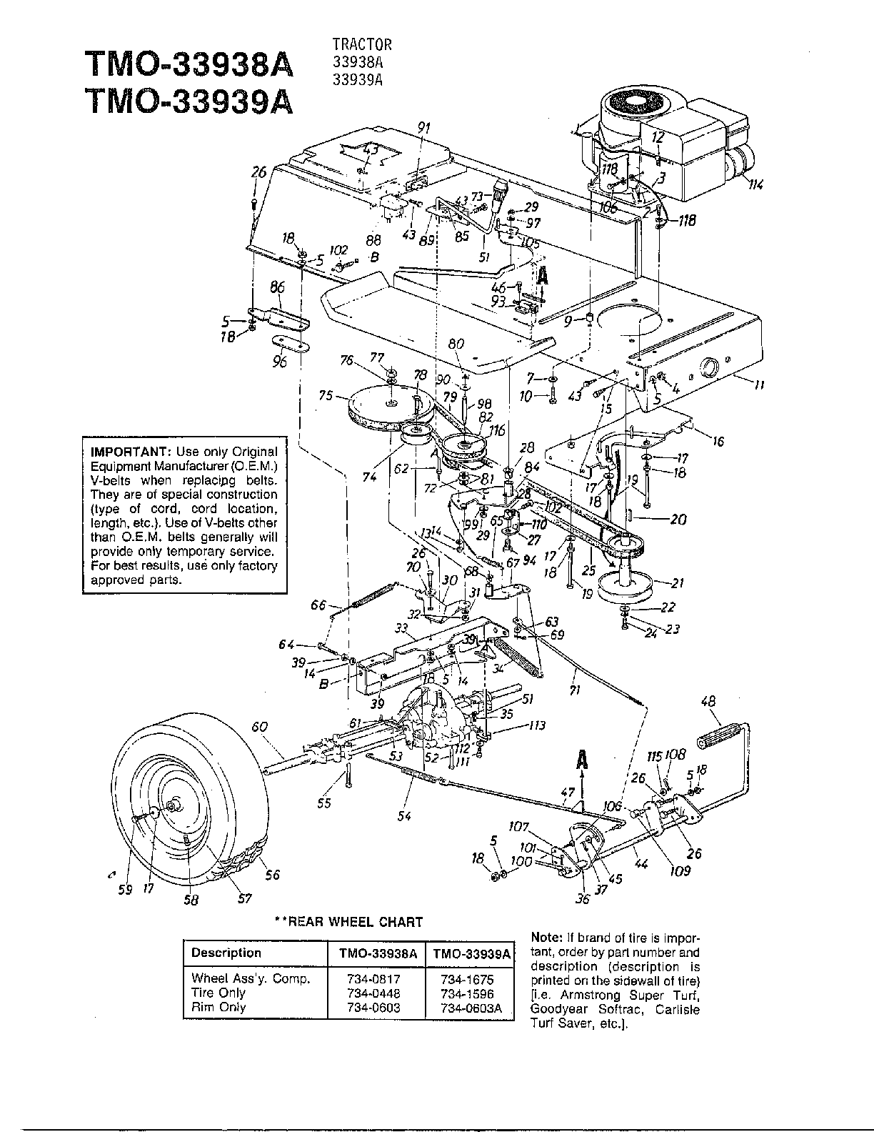 42" tractors/wheel and muffler chart
