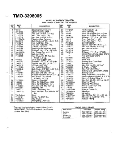 18 hp 46" garden tractor/wheel chart page 2