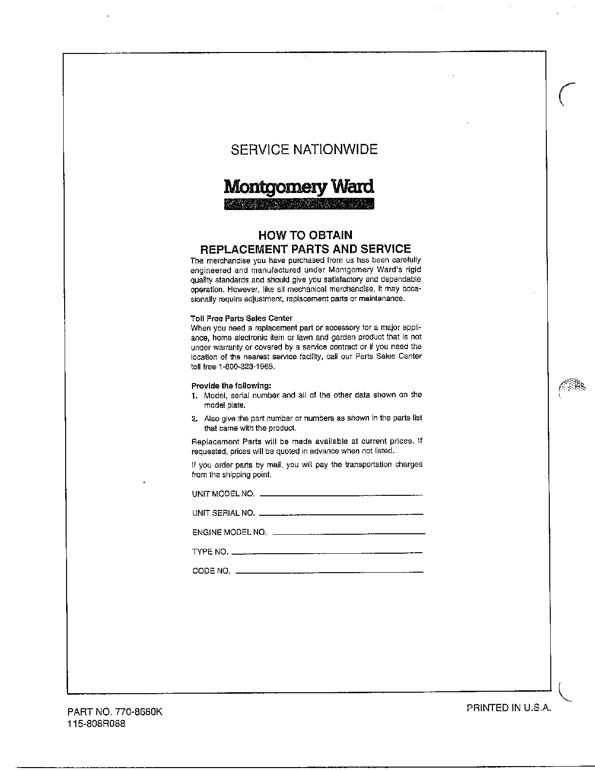 Obtain replacement part/service