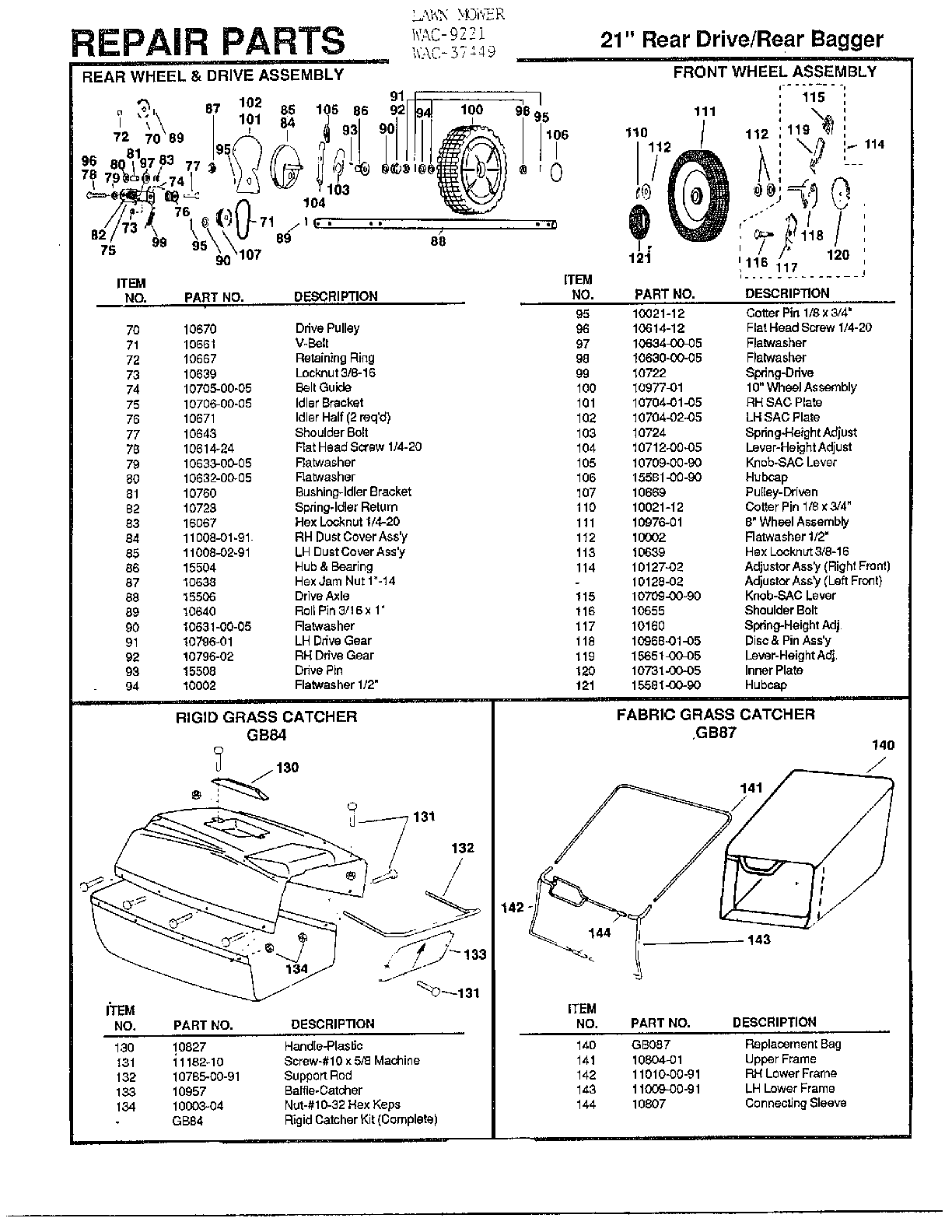 REAR/FRT WHL/DRIVE/GRASS CATCHER