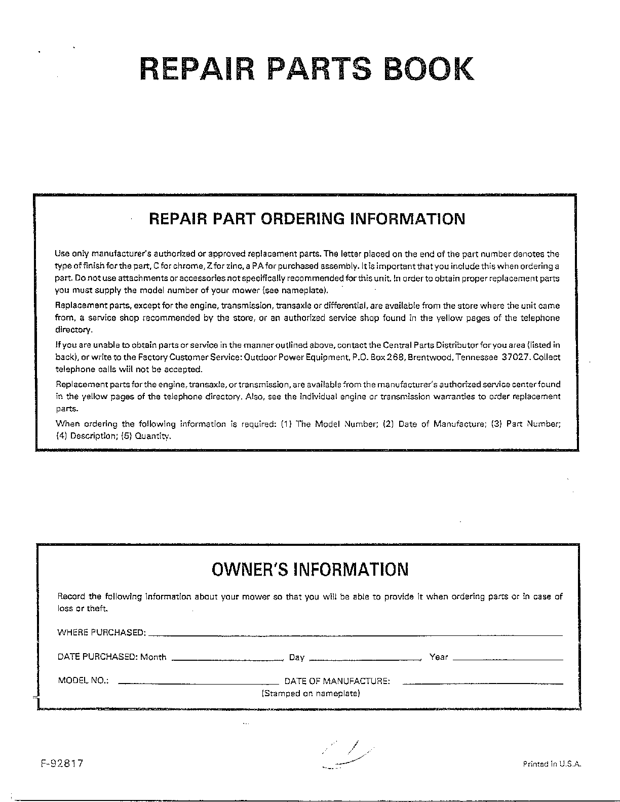Tractor/repair parts book