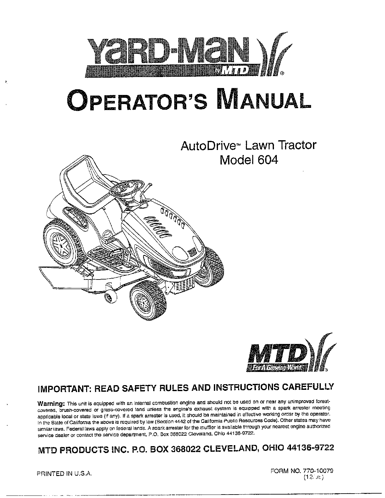 AUTODRIVE LAWN TRACTOR FRONT COVER