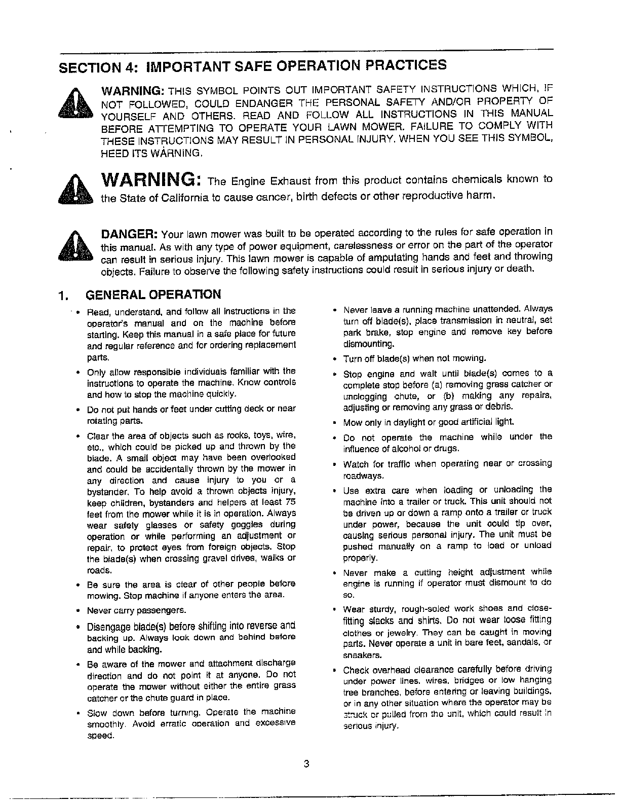 IMPORTANT SAFE OPERATION PRACTICES