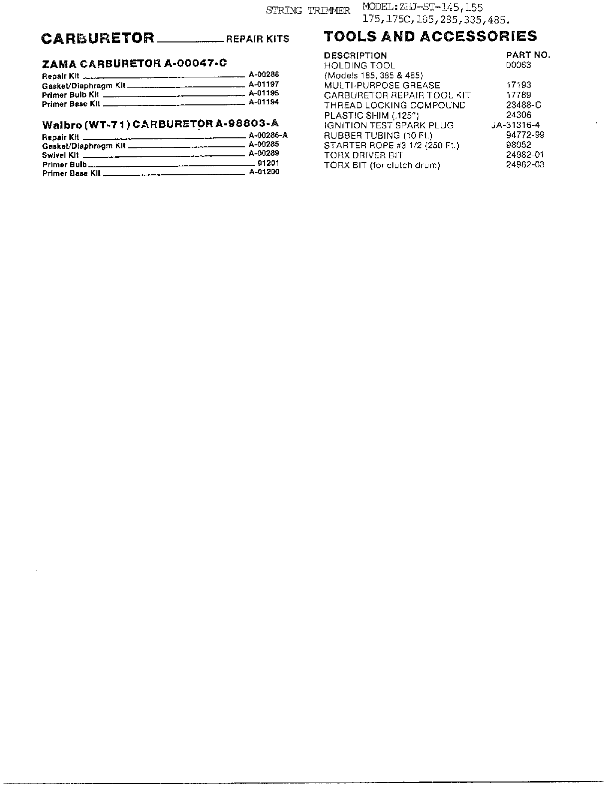Carburetor/tools and accessories