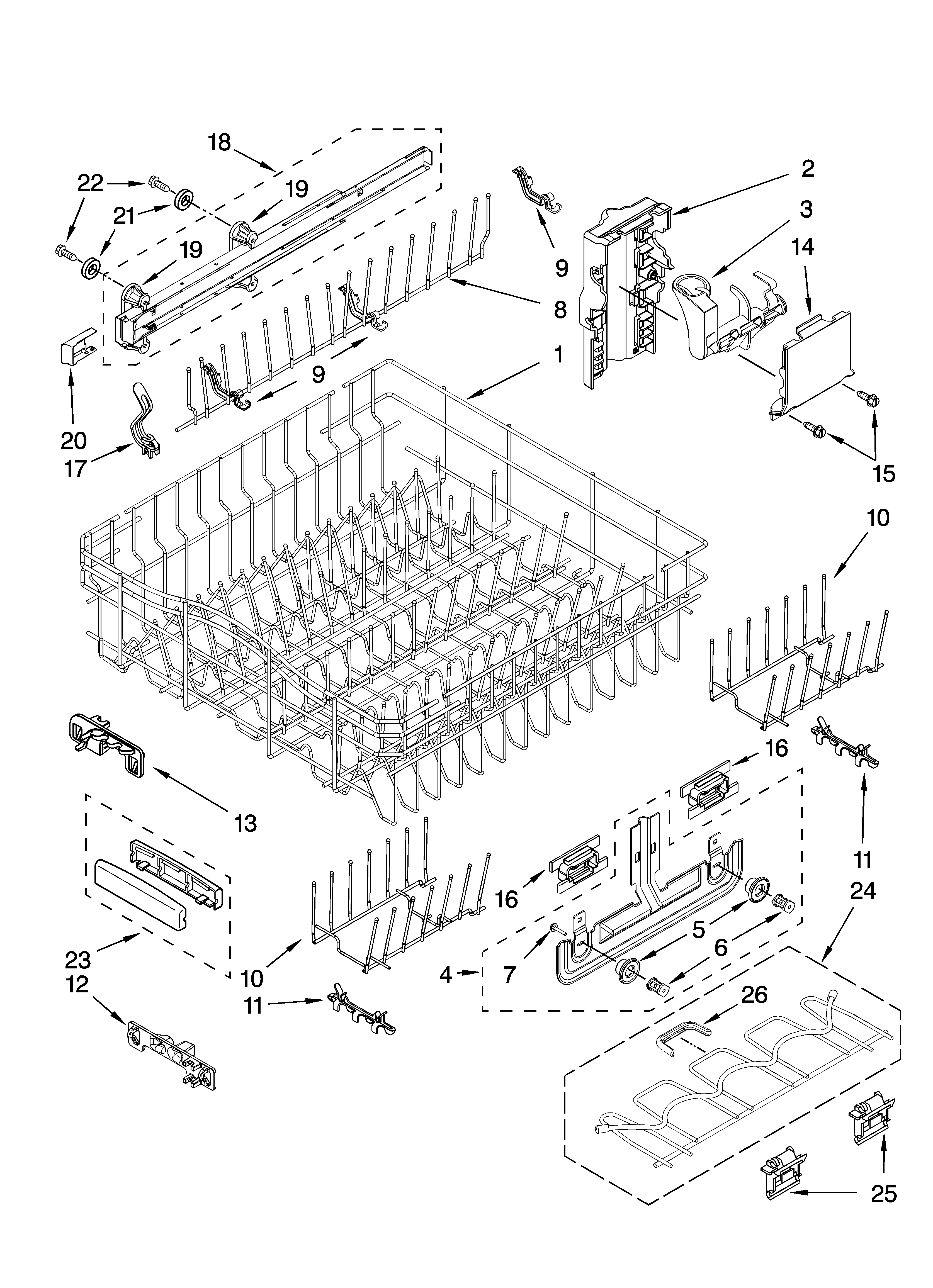 Upper rack and track parts
