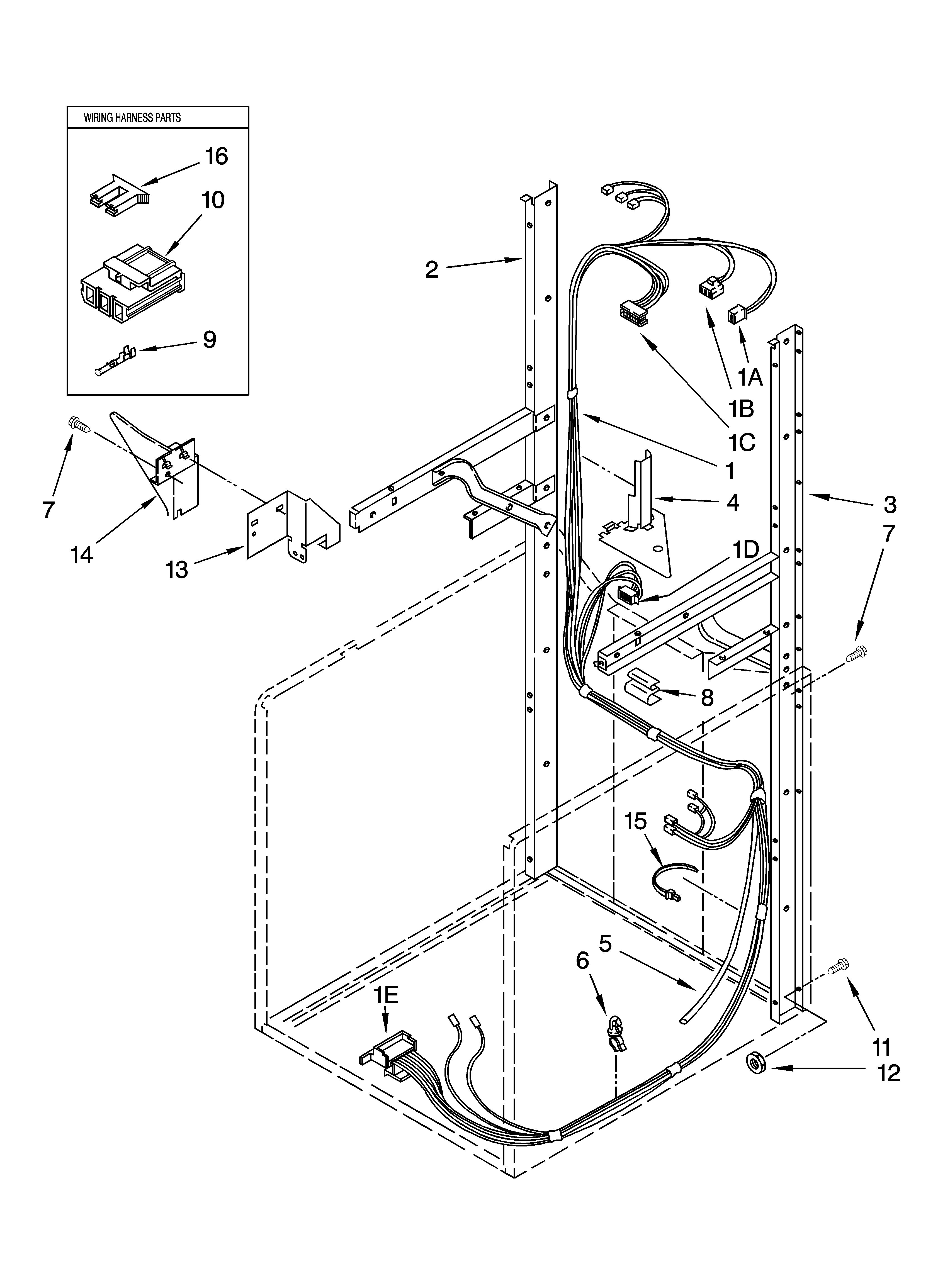Dryer support and washer harness parts