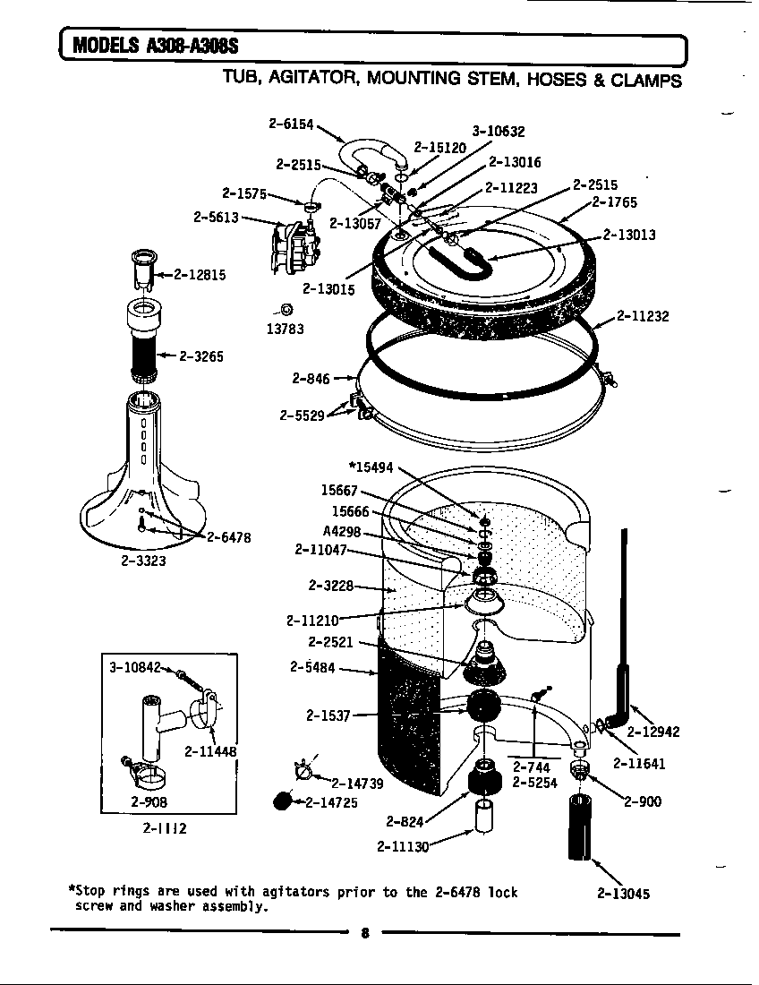 TUB, AGITATOR, MTG. STEM, HOSES & CLAMPS