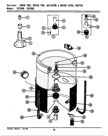 Inner/outer tub,agitator & wtr levl swth