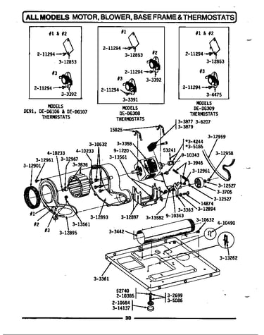 Motor, blower, base frame & thermostats