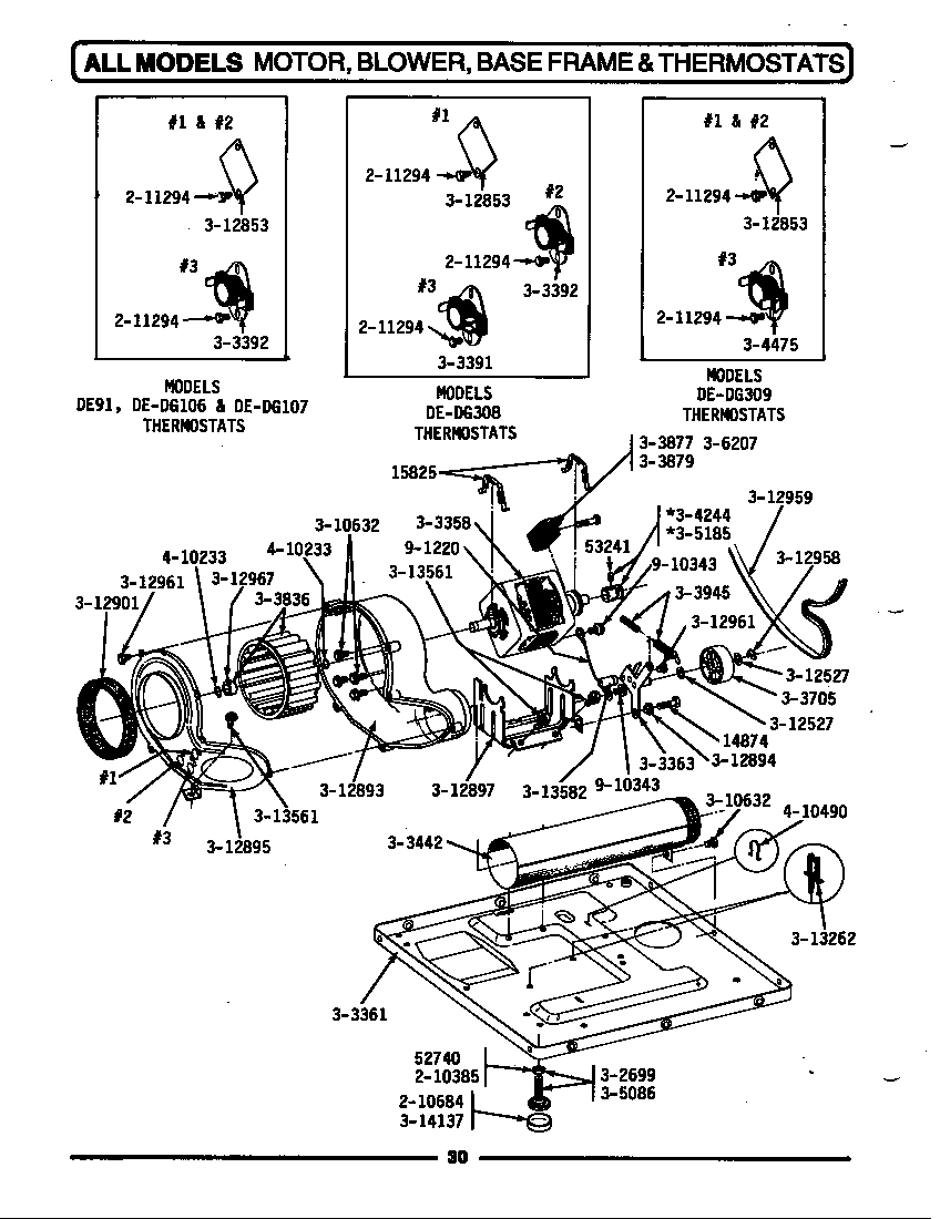 Motor, blower, base frame & thermostats
