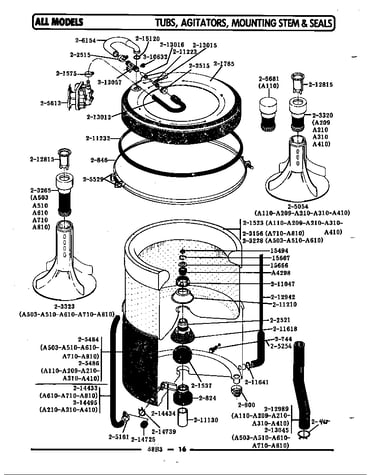 Tub, agitator, mounting stem & seal