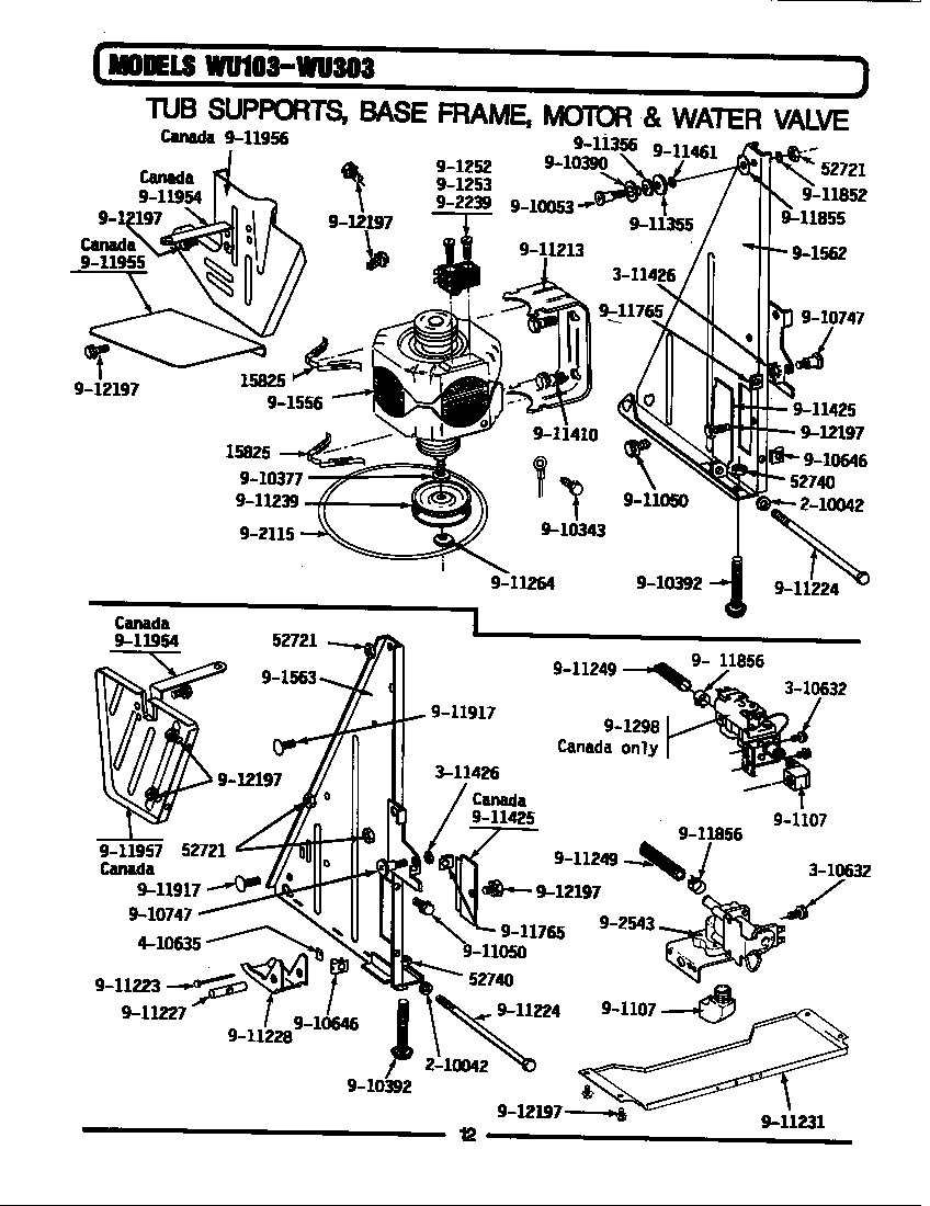 TUB SUPPORTS, BASE FRAME, MOTOR & VALVES