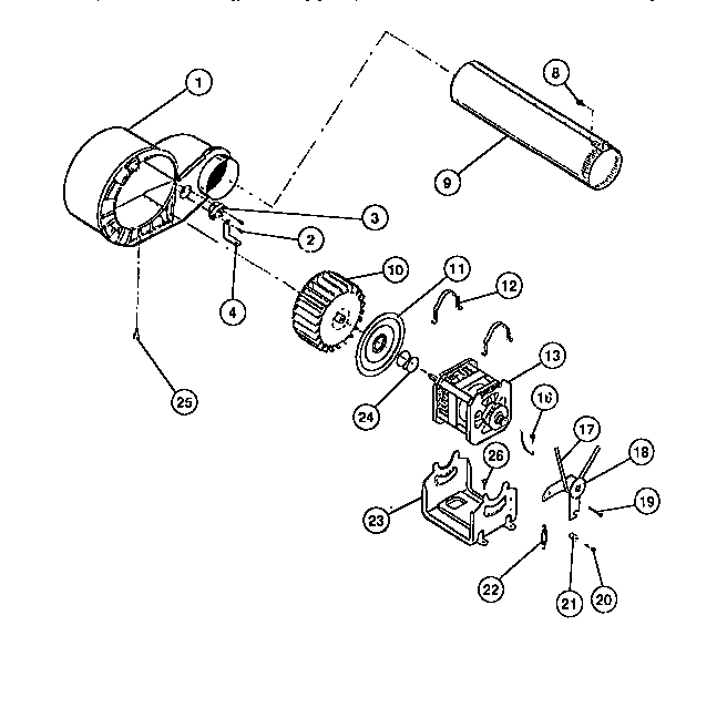 Motor, fan housing, exhaust duct