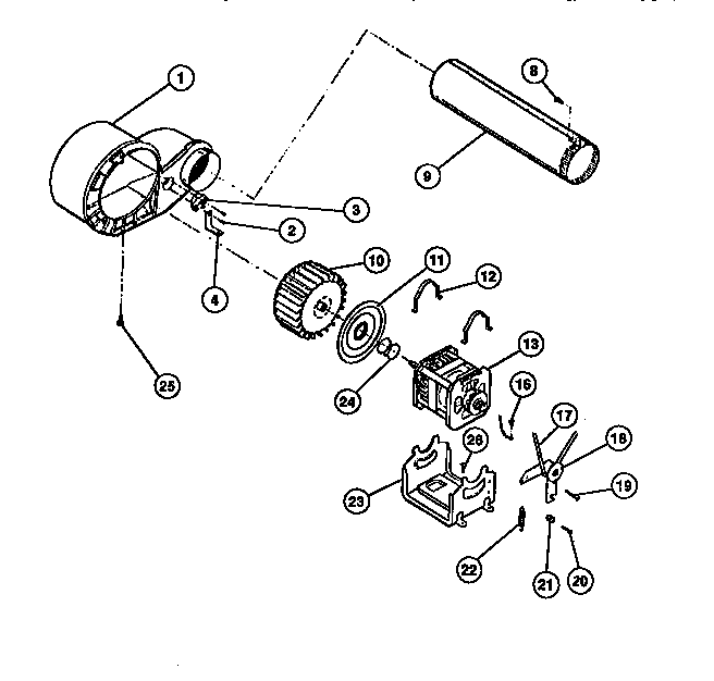 Motor, fan housing, exhaust duct