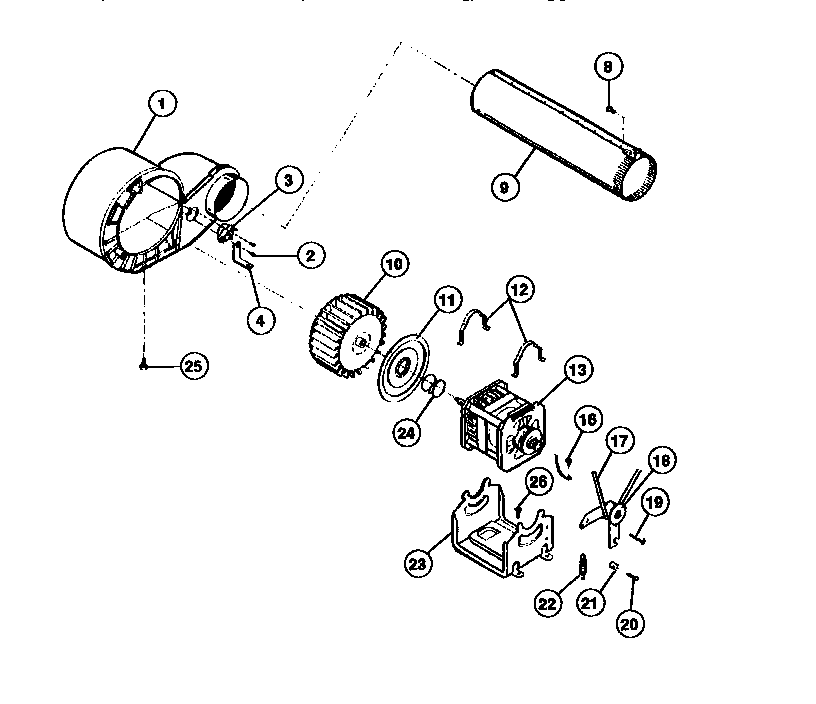 Motor, fan housing, exhaust duct