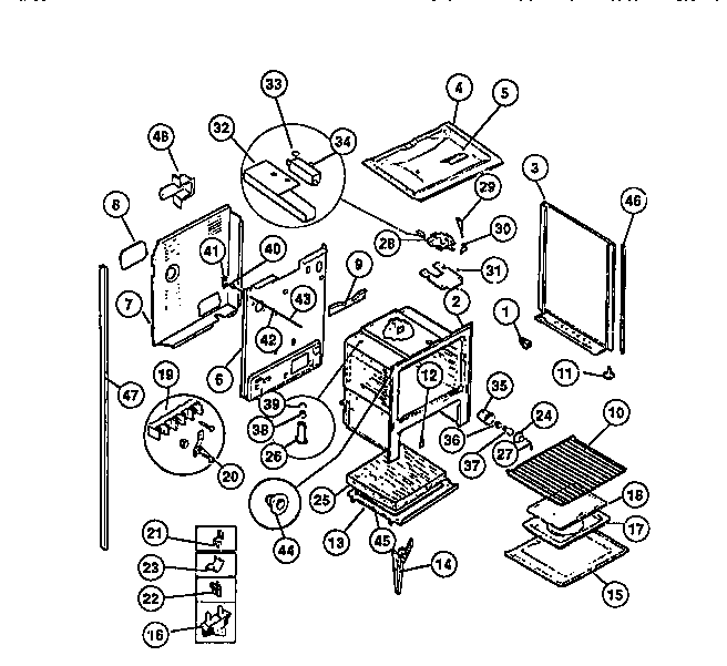 LOWER OVEN, FRAME, SHELVES