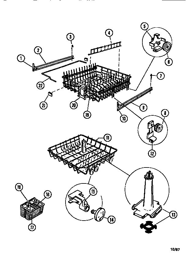 Dish racks, rollers, silverware basket