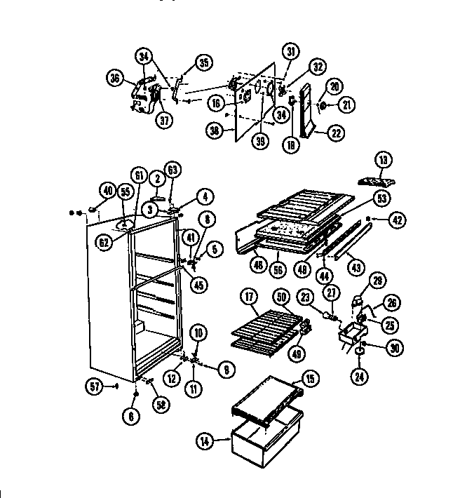 Food compartment, shelves, blower motor
