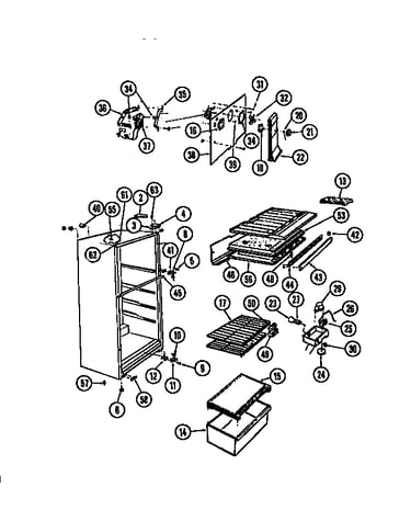 Food compartment, shelves, blower motor